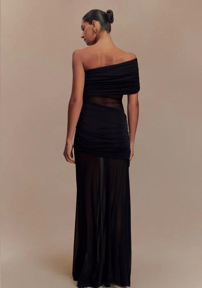 DALLAS ONE SHOULDER MESH DRESS-BLACK
