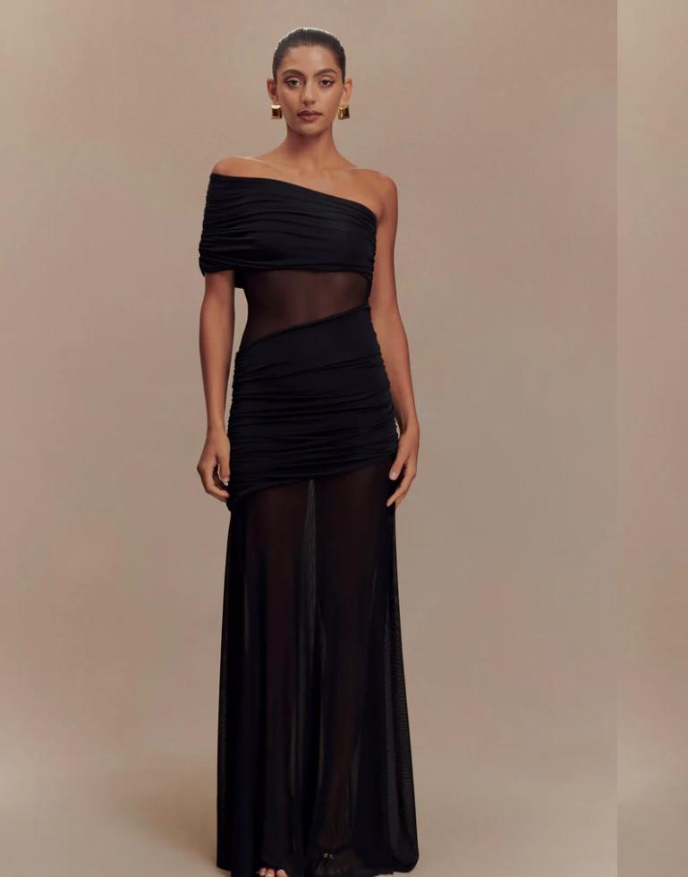 DALLAS ONE SHOULDER MESH DRESS-BLACK