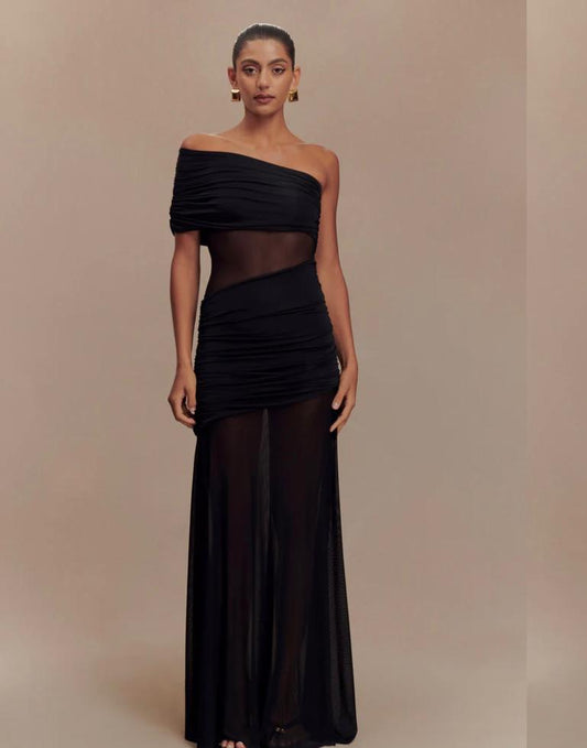 DALLAS ONE SHOULDER MESH DRESS-BLACK