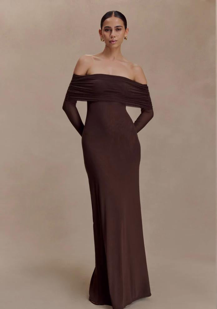 JOSIE OFF SHOULDER MESH DRESS-DARK BROWN