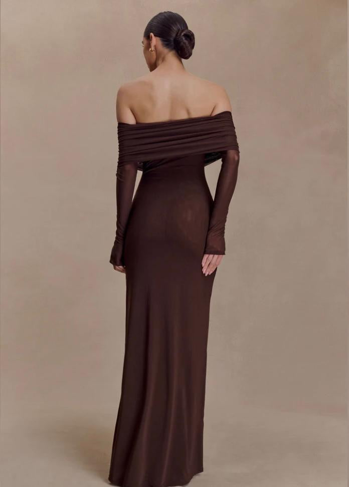 JOSIE OFF SHOULDER MESH DRESS-DARK BROWN