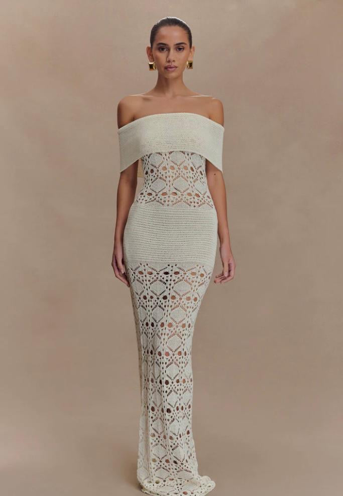 SOLSTICE OFF SHOULDER CROCHET DRESS-IVORY